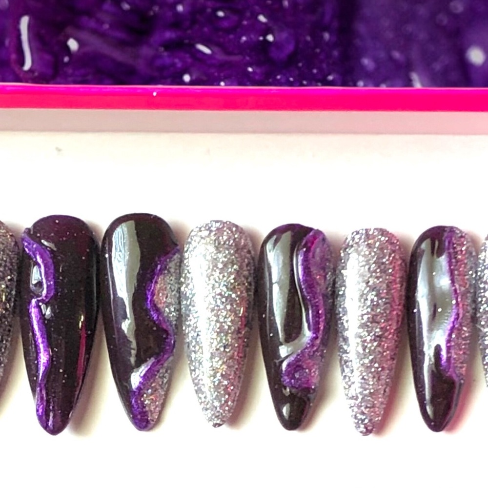 *SOLD* Handmade Press On Nails Long Almond Shape Full Set UV Gel Purple & Holo … - Picture 11 of 13